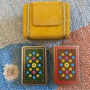 70s l Congress 2-Deck Gold Edge Floral Back Playing Cards + Book-Style Felt Case
